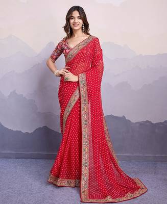 Red georgette thared work embroidery border & leheriya printed saree whit blouse 1