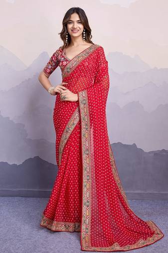 Red georgette thared work embroidery border & leheriya printed saree whit blouse