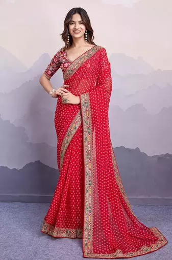 Red georgette thared work embroidery border & leheriya printed saree whit blouse