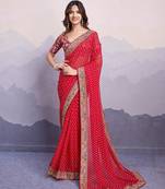 Red georgette thared work embroidery border & leheriya printed saree whit blouse