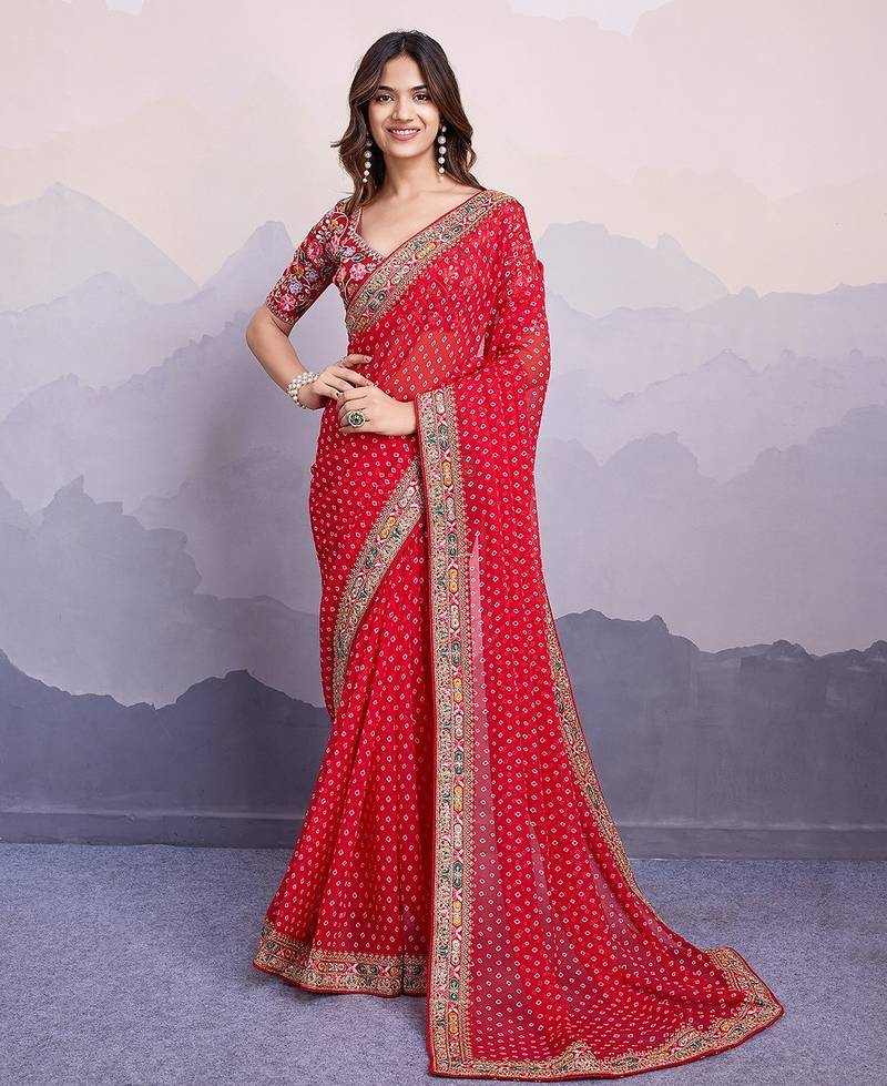 Red georgette thared work embroidery border & leheriya printed saree whit blouse