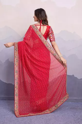 Red georgette thared work embroidery border & leheriya printed saree whit blouse