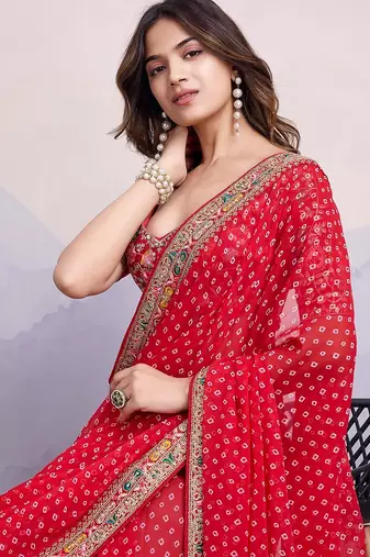 Red georgette thared work embroidery border & leheriya printed saree whit blouse
