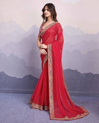 Red georgette thared work embroidery border & leheriya printed saree whit blouse 4