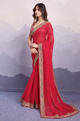 Red georgette thared work embroidery border & leheriya printed saree whit blouse