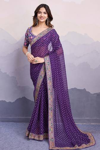 Purple georgette thared work embroidery border & leheriya printed saree whit blouse