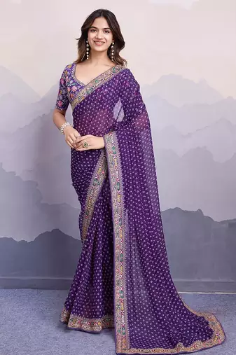 Purple georgette thared work embroidery border & leheriya printed saree whit blouse