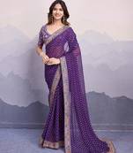 Purple georgette thared work embroidery border & leheriya printed saree whit blouse