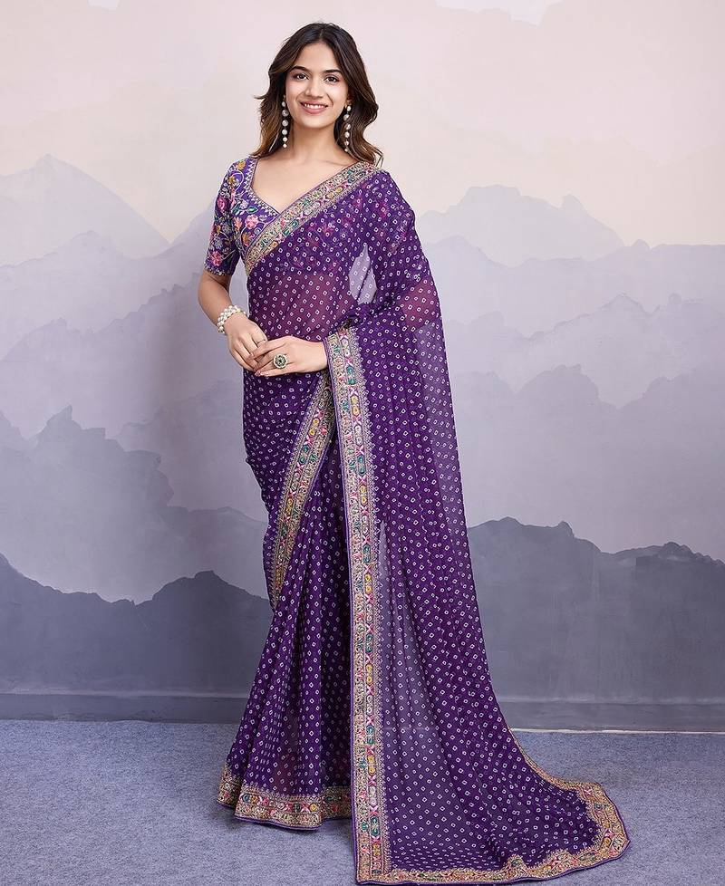 Purple georgette thared work embroidery border & leheriya printed saree whit blouse