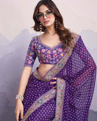 Purple georgette thared work embroidery border & leheriya printed saree whit blouse 2
