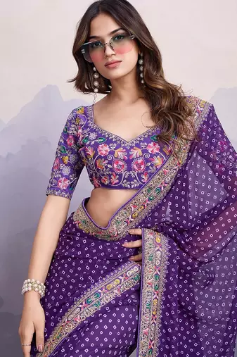 Purple georgette thared work embroidery border & leheriya printed saree whit blouse