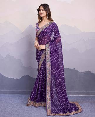 Purple georgette thared work embroidery border & leheriya printed saree whit blouse 3