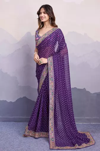 Purple georgette thared work embroidery border & leheriya printed saree whit blouse