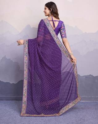 Purple georgette thared work embroidery border & leheriya printed saree whit blouse 4