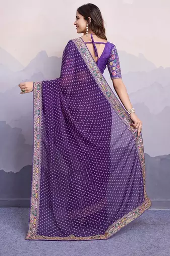 Purple georgette thared work embroidery border & leheriya printed saree whit blouse