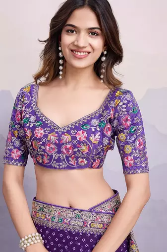 Purple georgette thared work embroidery border & leheriya printed saree whit blouse