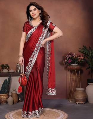 Red silk blend embroidery saree whit blouse 3