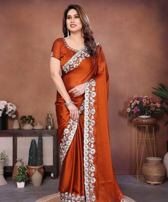 Orange silk blend embroidery saree whit blouse 1