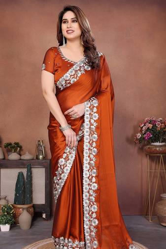 Orange silk blend embroidery saree whit blouse