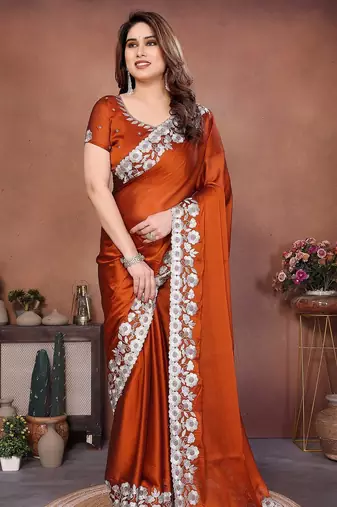 Orange silk blend embroidery saree whit blouse