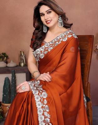 Orange silk blend embroidery saree whit blouse 2