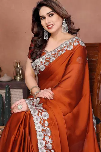 Orange silk blend embroidery saree whit blouse