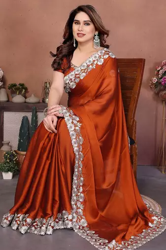 Orange silk blend embroidery saree whit blouse