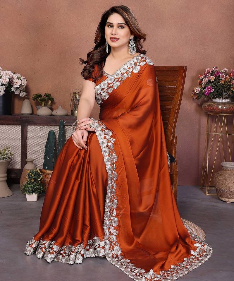 Orange silk blend embroidery saree whit blouse