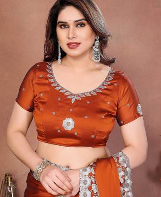 Orange silk blend embroidery saree whit blouse 4