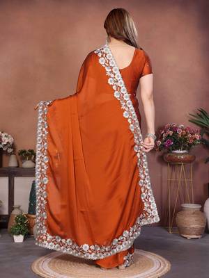Orange silk blend embroidery saree whit blouse 5