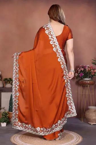 Orange silk blend embroidery saree whit blouse