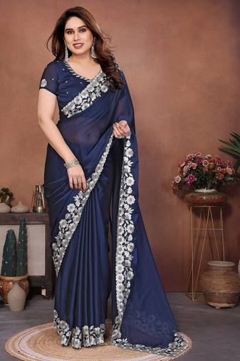 Navy blue silk blend embroidery saree whit blouse
