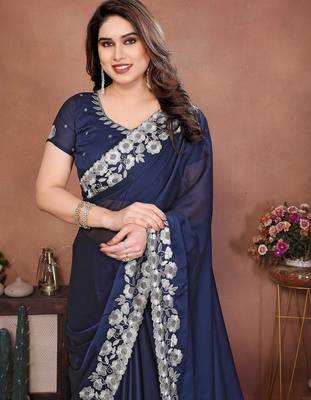 Navy blue silk blend embroidery saree whit blouse 2