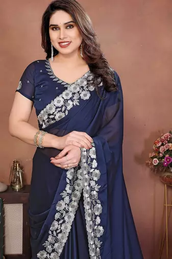 Navy blue silk blend embroidery saree whit blouse