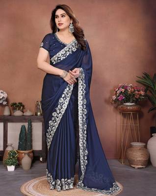 Navy blue silk blend embroidery saree whit blouse 3
