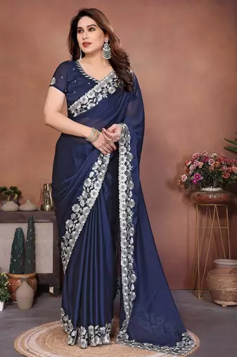 Navy blue silk blend embroidery saree whit blouse