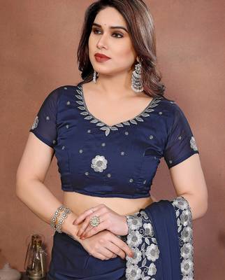 Navy blue silk blend embroidery saree whit blouse 4