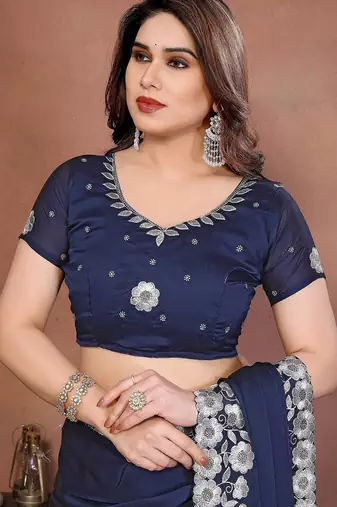 Navy blue silk blend embroidery saree whit blouse