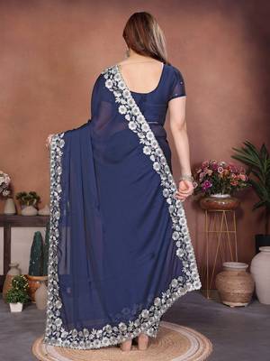 Navy blue silk blend embroidery saree whit blouse 5