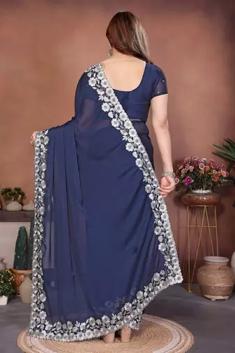 Navy blue silk blend embroidery saree whit blouse