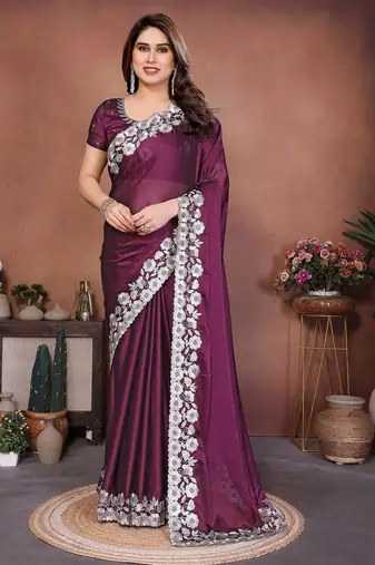 Purple silk blend embroidery saree whit blouse