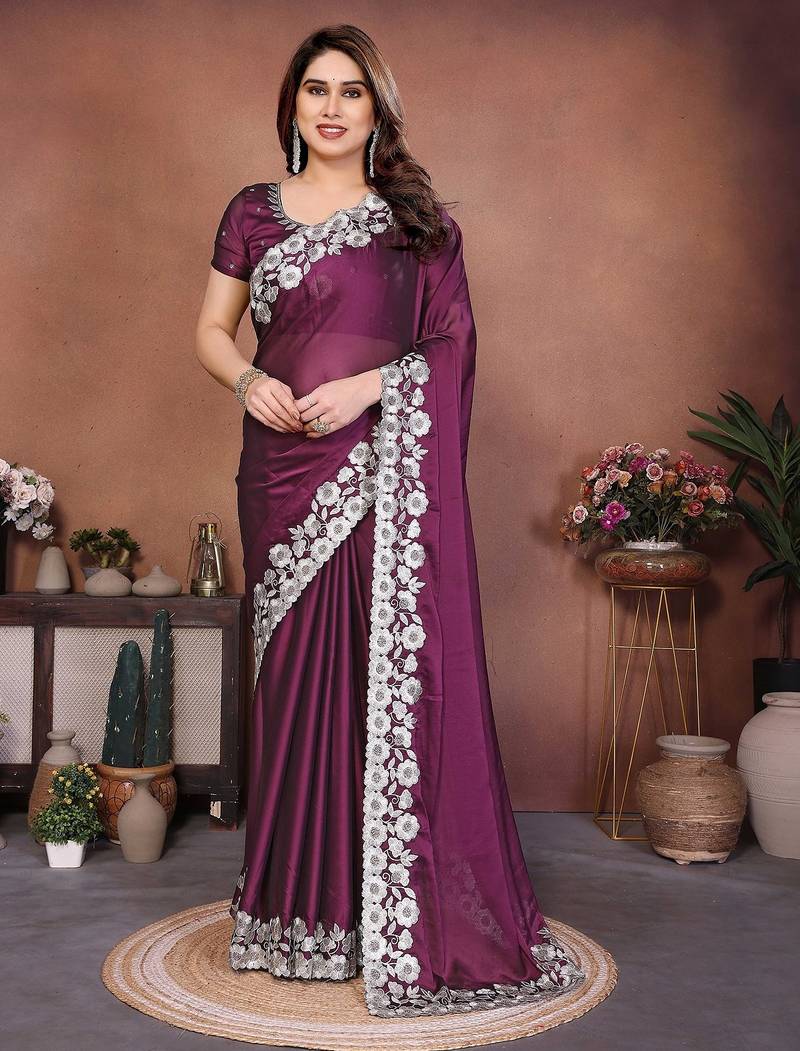 Purple silk blend embroidery saree whit blouse
