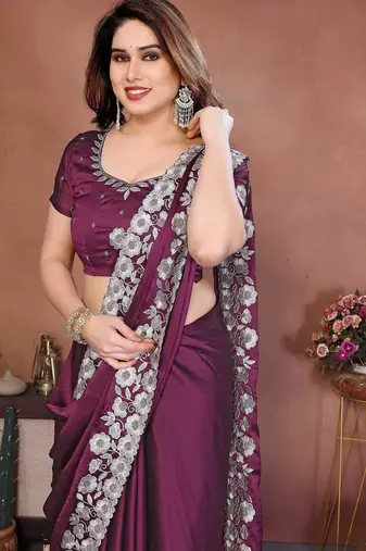 Purple silk blend embroidery saree whit blouse