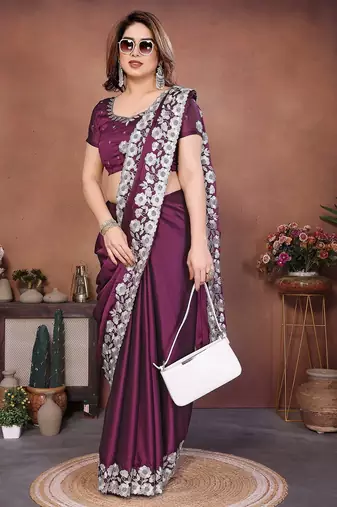 Purple silk blend embroidery saree whit blouse