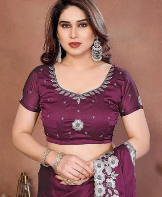 Purple silk blend embroidery saree whit blouse 4