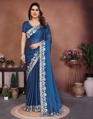 Blue silk blend embroidery saree whit blouse 1