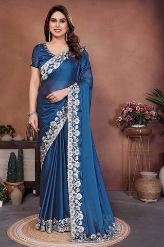 Blue silk blend embroidery saree whit blouse