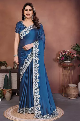 Blue silk blend embroidery saree whit blouse