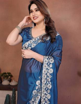 Blue silk blend embroidery saree whit blouse 2