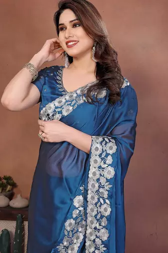 Blue silk blend embroidery saree whit blouse
